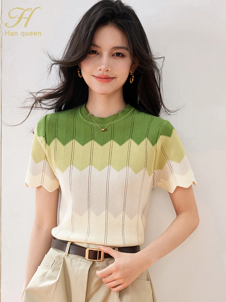 H Han Queen 2024 Female Clothing Striped Knitwear Simple Short Sleeve T-Shirt Summer Tops Korean Chic Casual Blouse Women Tees