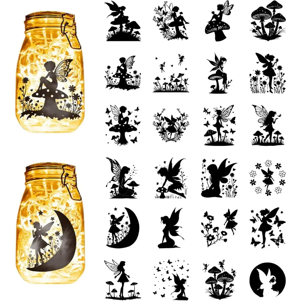 24 Uds 24 estilos pegatinas de silueta de hadas calcomanías de tarro de albañil Luna seta Ángel autoadhesivo troquelado pegatina de PVC impermeable