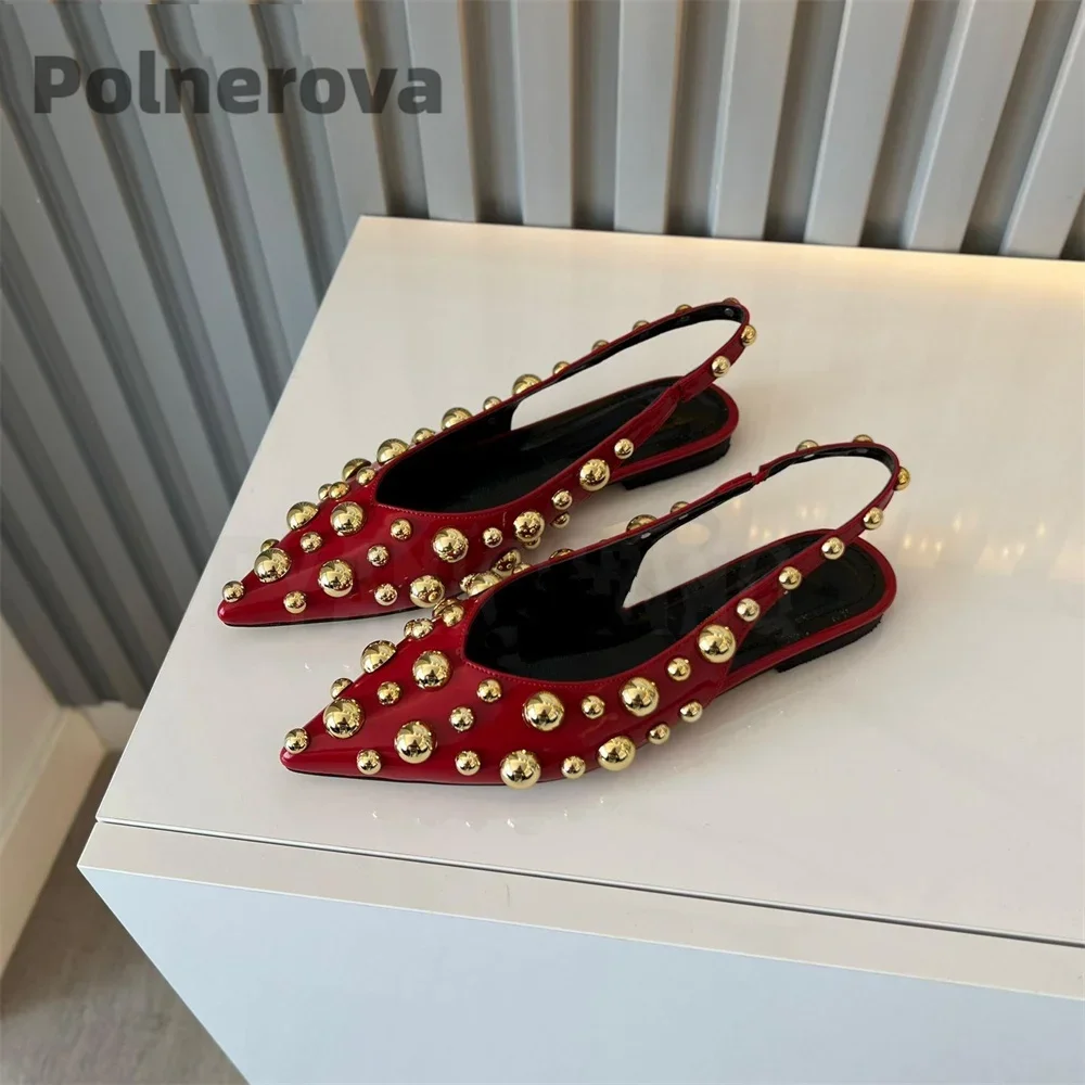 

Сандалии на плоской подошве с металлическими пузырьками, женские балетки из лакированной кожи с острым носком, дизайнерский стиль, удобные женские туфли без шнуровки