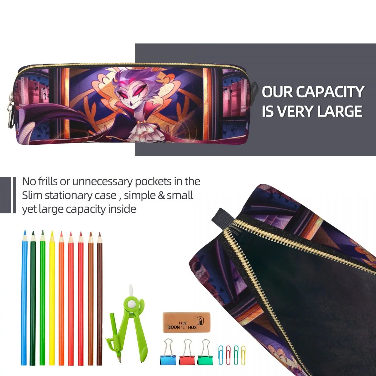 مقلمة Fun Anime Stolas مقلمة Helluva Boss للفتيات والأولاد حقيبة تخزين كبيرة لطلاب المدارس وسحاب القرطاسية