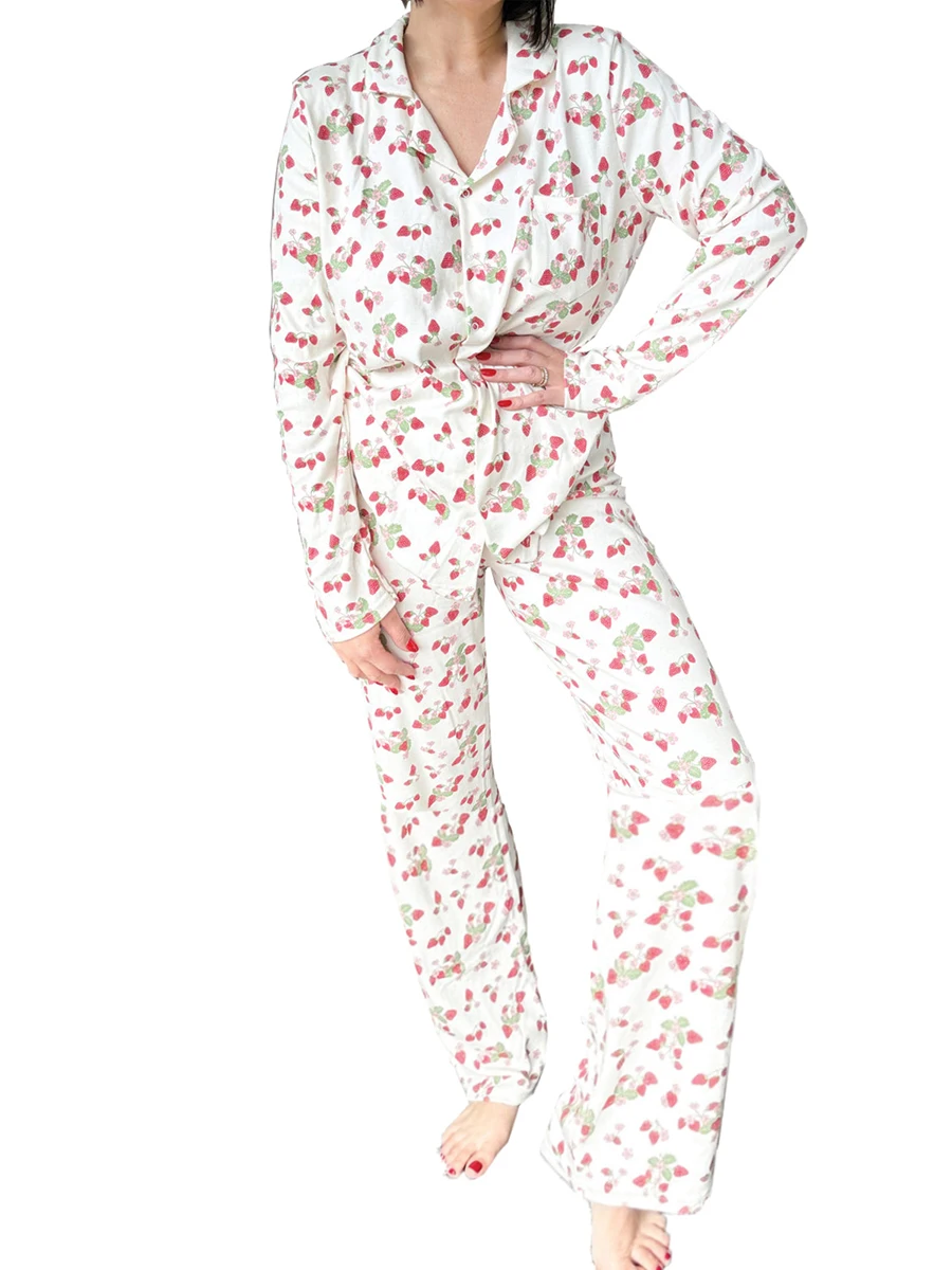 Women's Lounge Y2k Pajama Set Strawberry Print Long Sleeve Button Down Tops Elastic Waist Long Pants 2 Piece Set