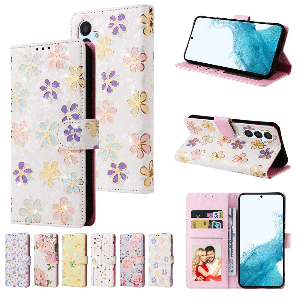 Capa de couro padrão de flor dourada de luxo, capa flip para Galaxy A12, A13, A14, A22, A23, A24, A32, A33, A34, A51, A52, A53, A54, A74, a04, A05