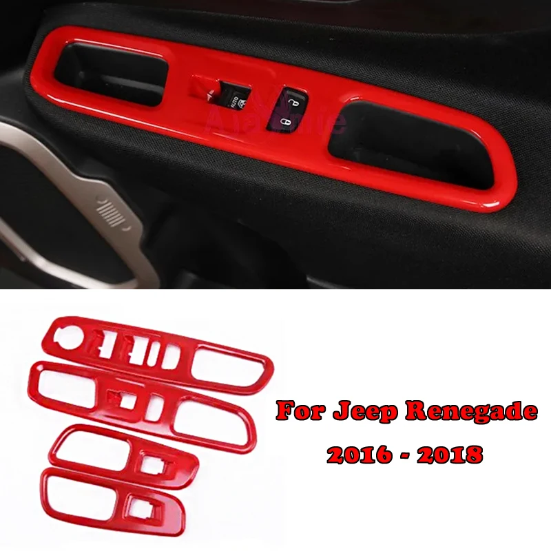 Car Interior Door Armrest Panel Window Switch Lift Buttons Cover Red Trim Sticker 2016 2017 2018 For Jeep Renegade Accessories