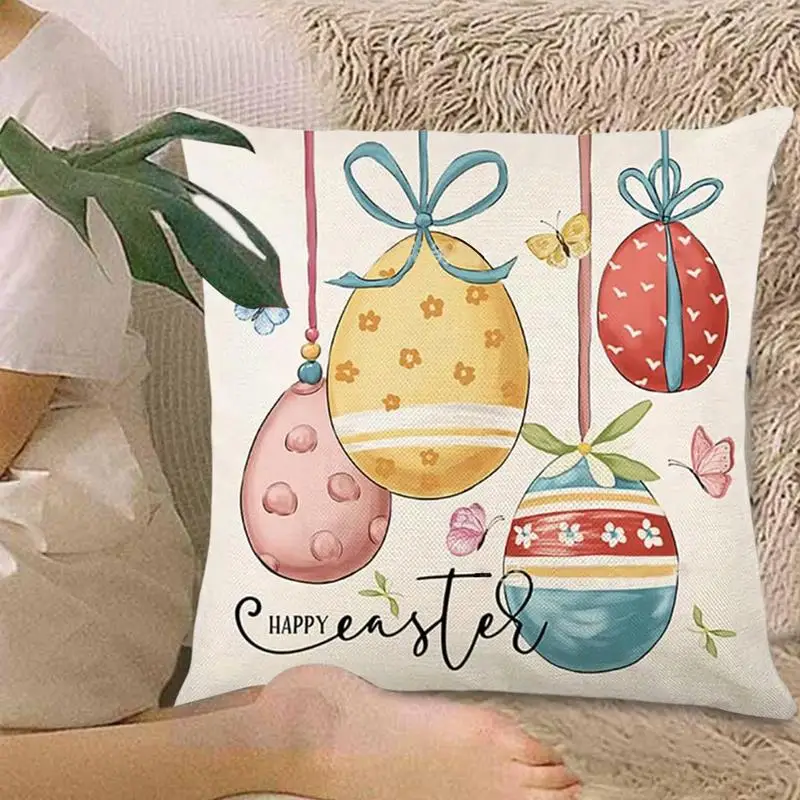 45*45CM Easter Cushion Cover Linen Cute Bunny Easter Eggs Pillow Cover For Sofa Chair Bed Car Easter Party Table Decoration