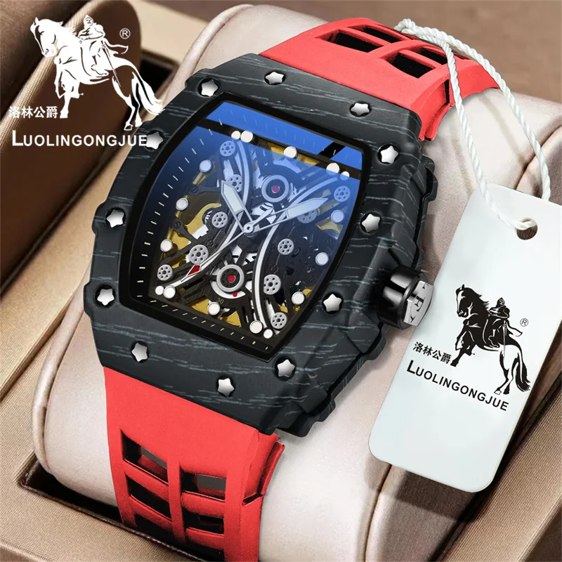High-End, Stylish, Barrel-Shaped Automatic Mechanical Watch for Men, Hollow Design, Business Casual, Versatile, Trendy Men's Watch, European and American Style, Best-Selling Men's Watch, the Perfect Gift for Him