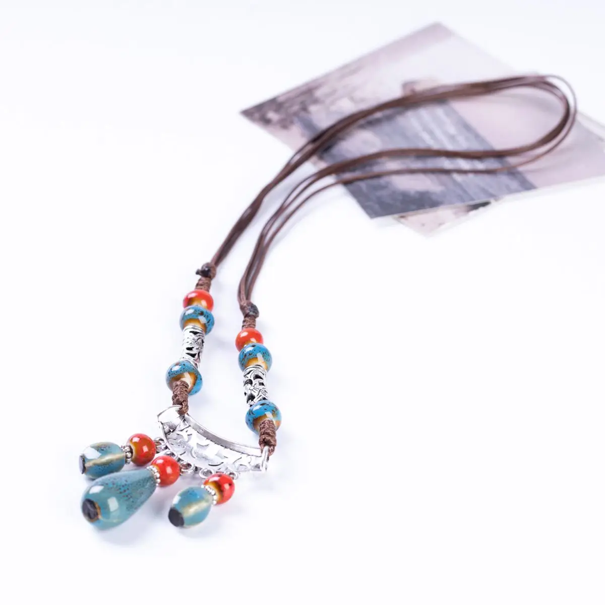 

Handmade necklace ceramic droplet shaped retro art and ethnic style woven belt with creative adjustable women's necklace