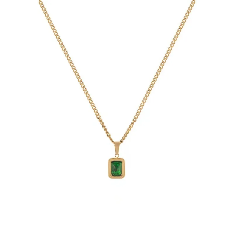 

New Retro Square Green Zircon Pendant Necklace For Women Titanium Steel Necklace Girls Wedding Engagement Jewelry
