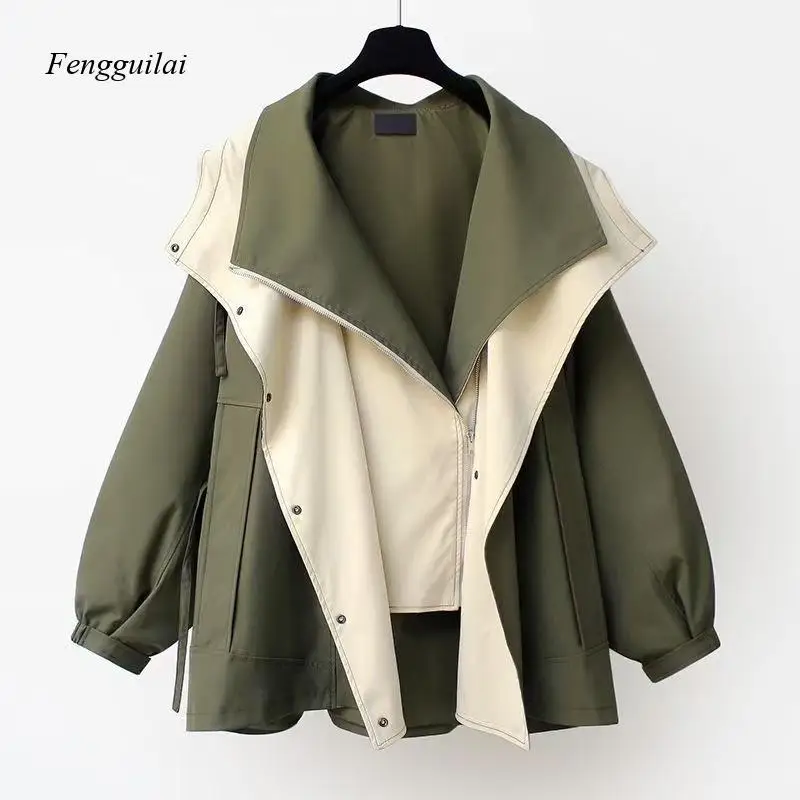 Women's Oversized Contrast Color Trench Coat, Loose Fit Double-Layer Lapel Windbreaker with Zipper & Snap Button