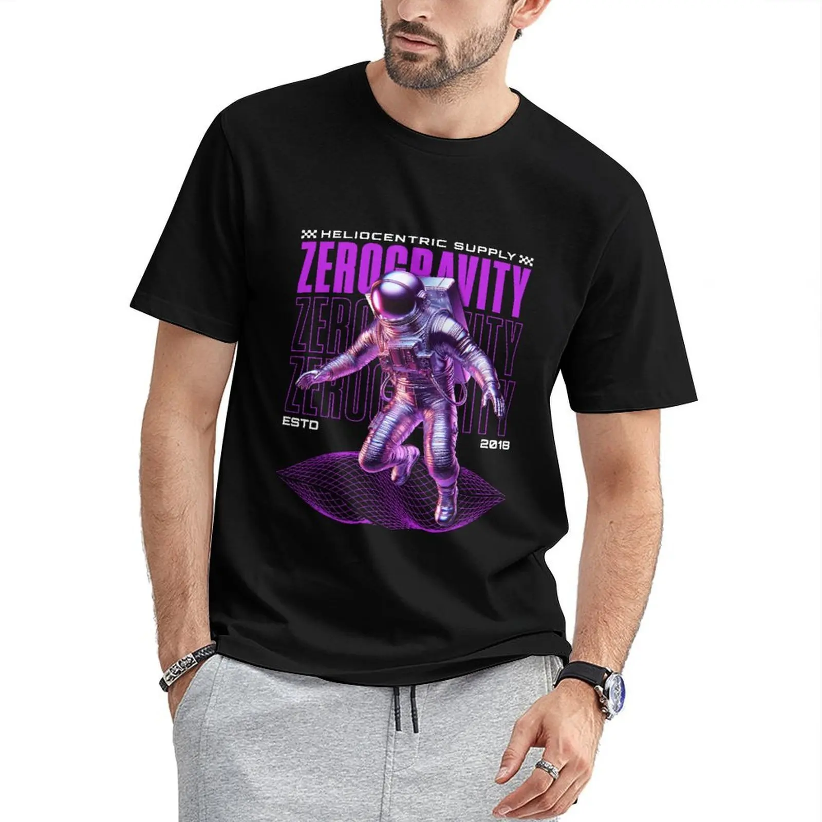 2026 Men's Space Astronaut Graphic Tee Black Vintage Streetwear T Shirt Galaxy Sci-Fi Print Y2K Futuristic Casual Short Sleeve Top