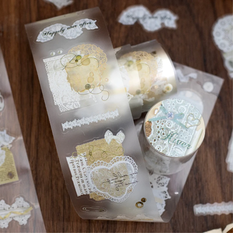 50 mm * 200 cm/Rolle Vintage Spitze Text Manuskript PET Stanzklebeband DIY Scrapbook ästhetische Briefpapieraufkleber