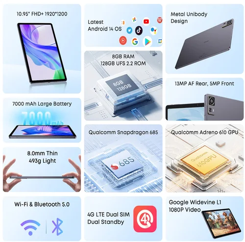 Imagen 2 del producto CHUWI AuPad tableta Snapdragon 685 octa-core pantalla FHD de 10,95 pulgadas 8GB DDR4 128GB ROM 4G LTE GPS Android 14 tabletas PC Widevine L1