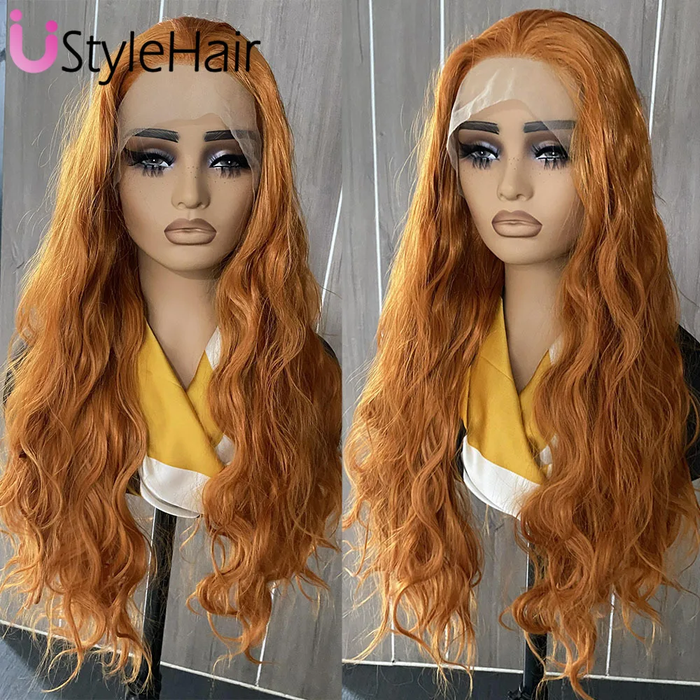 Orange Lace Front Wig Synthetic Long Natural Wave Wig Natural Looking Loose Curly Daily Use Wig Heat Resistant Cosplay Wigs