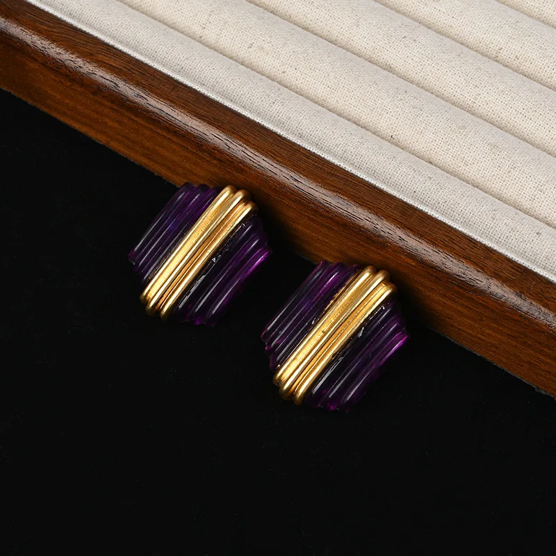 Gold Plated Layered Resin Stud Earrings Purple Geometric Stacked Cylinder Retro Statement Earrings Women Fashion Jewelry