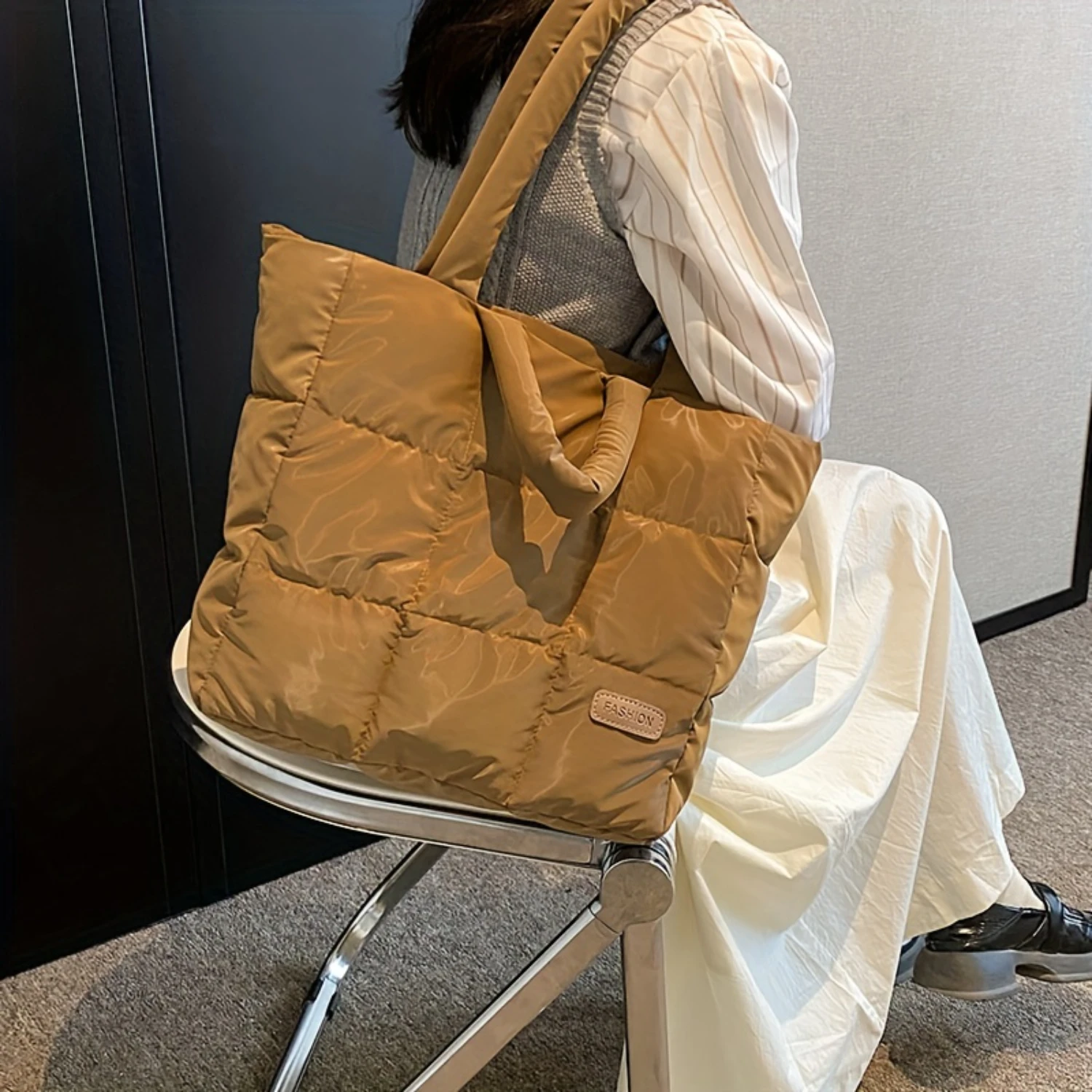 

Puffer Quilted Tote Bag For Women, Autumn And Winter Shoulder Bag, Soft Padded Handbag For School Work Shopping