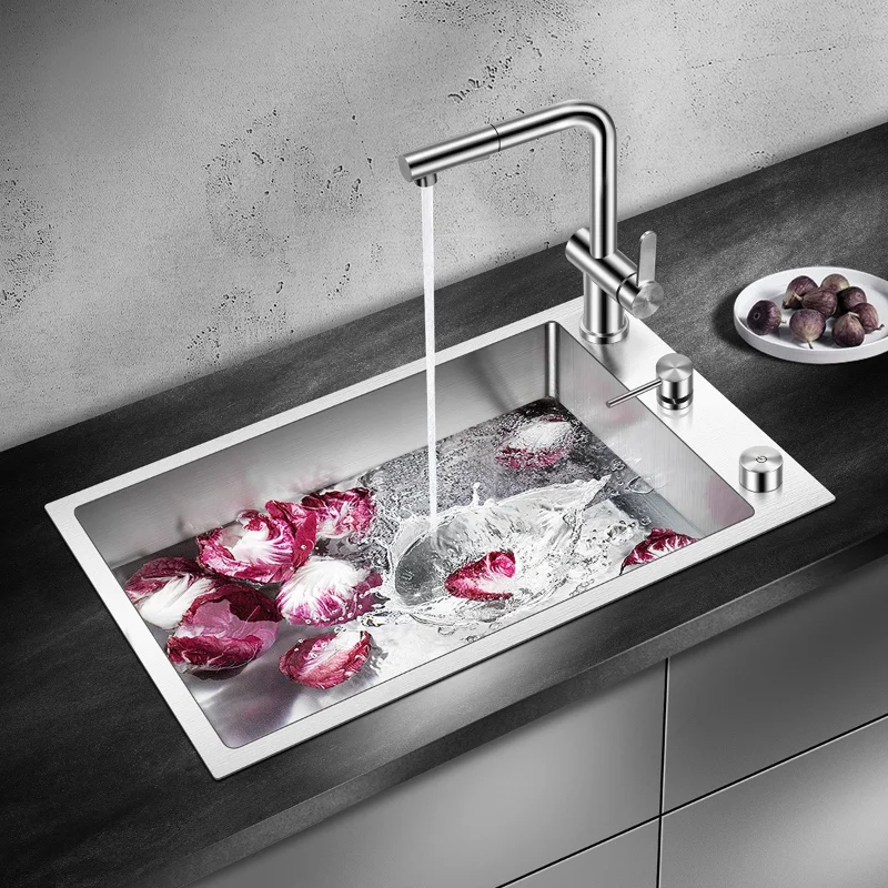 

Kitchen Single Sink 4MM Thickened 304 Stainless Steel Faucets Manual Left &Right Installed