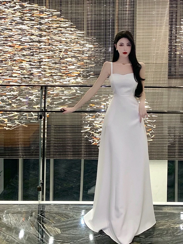 Elegant Temperament Fashion Young High-end White Evening Dresses Korean Style Sexy Backless V-neck Sling Long A-line Dress