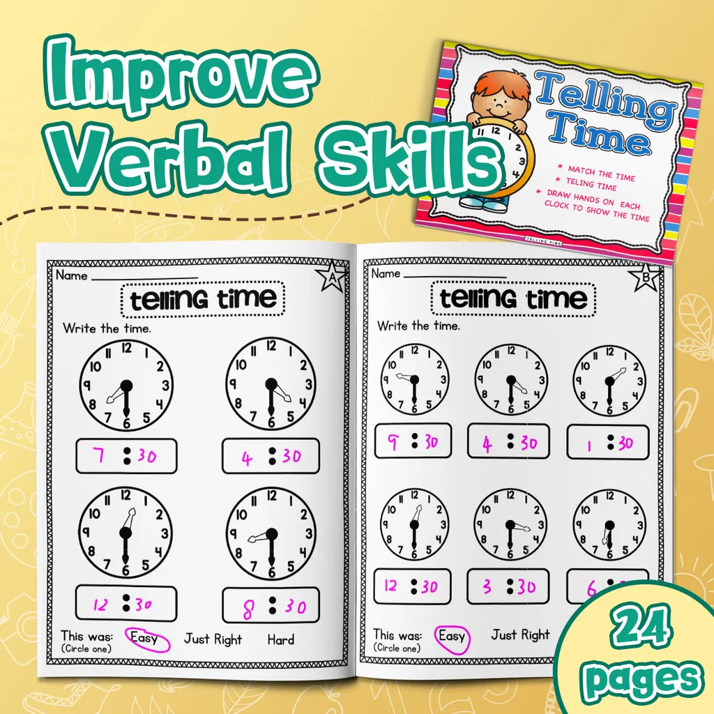 Telling Time Workbook: Learn to Read Analog Clocks—Hours, Half Hours, Quarter Hours & 5-Minute Increments | Write the Time