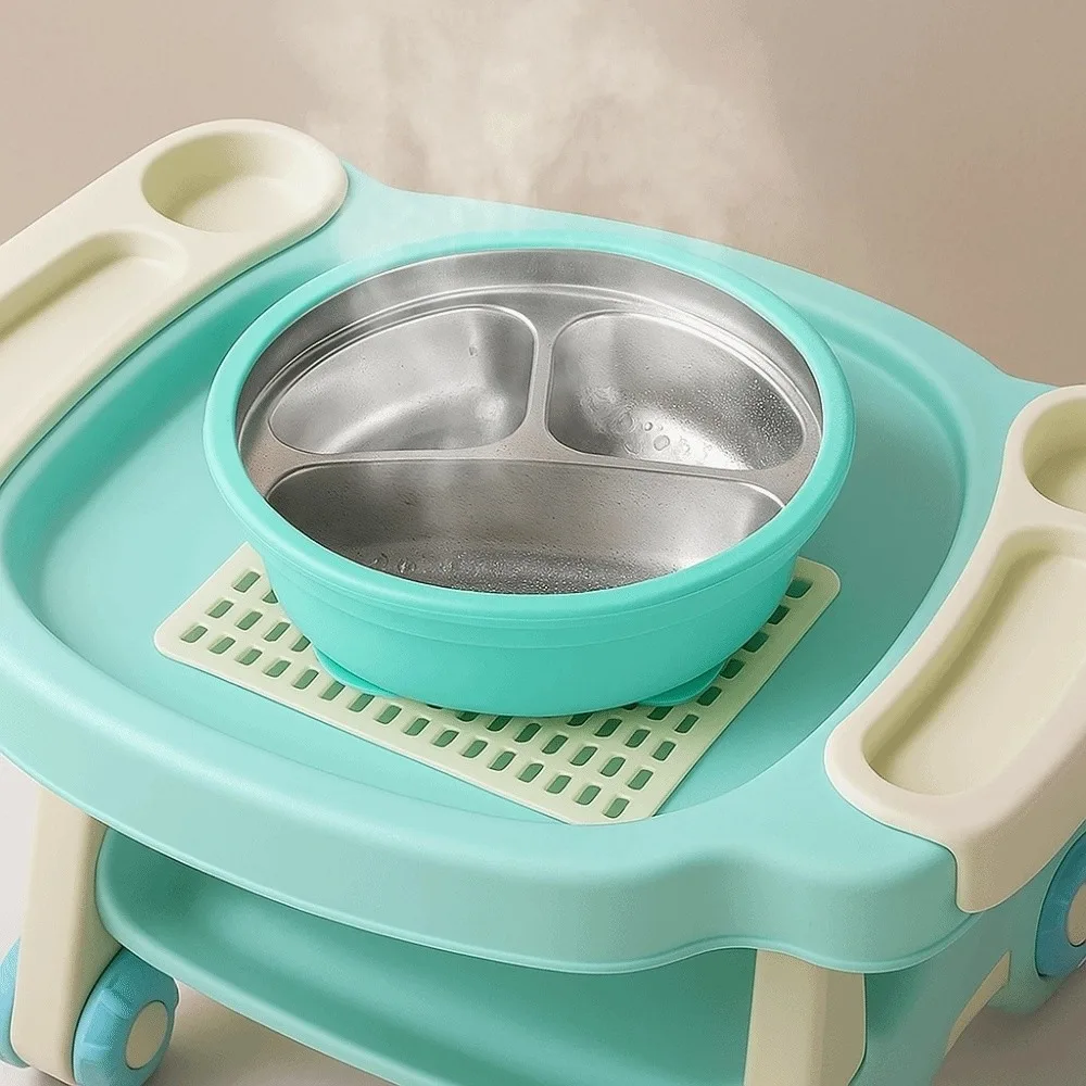 Silicone Suction Cup Baby Sucker Dining Plate Divided Design 304 Stainless Steel 3 Grids Children Dishes Anti-fall Non-Slip