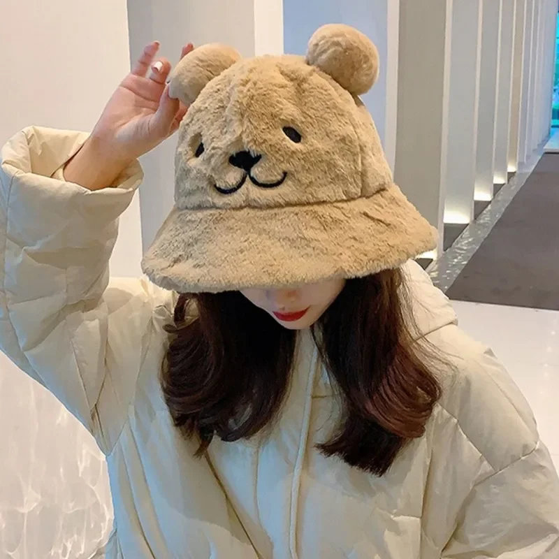 Cute Autumn Winter Leopard Fur Bucket Hat Bear Ear Ball Plush Fisherman Hat Soft Warm Thick Basin Hat Sun Protection Bucket Hats