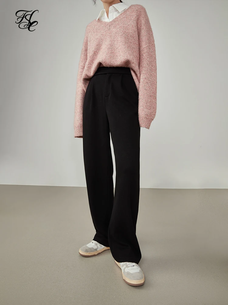 FSLE pantaloni larghi dritti da donna autunno inverno drappo pantaloni a gamba larga a vita alta da donna pantaloni Casual All-match sottili neri