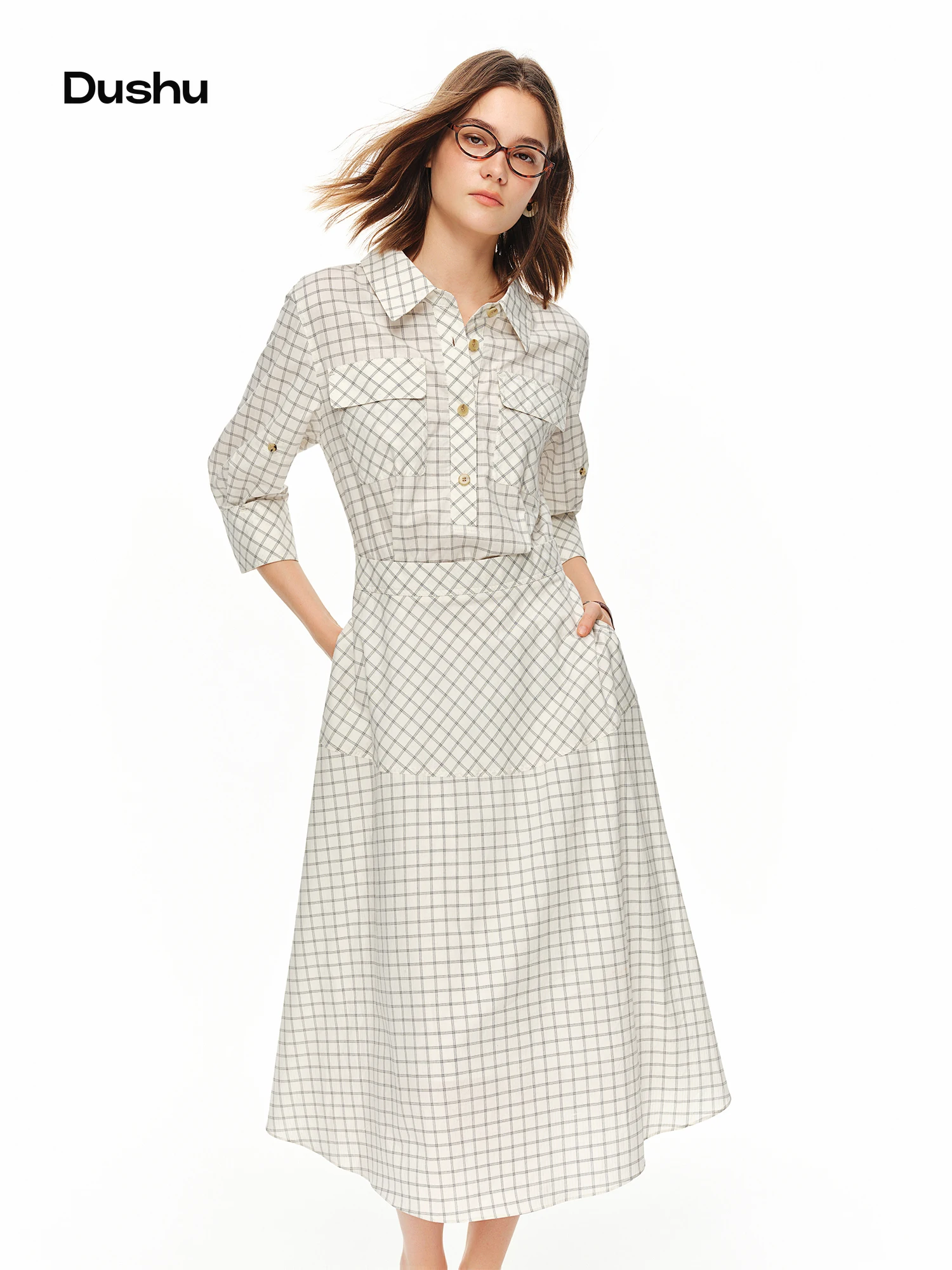 DUSHU 2026 New Summer Women Utility Shirt Dress, Plaid Five Sleeves Slim Fit Long Midi Dress for Intellectual Poetcore Style