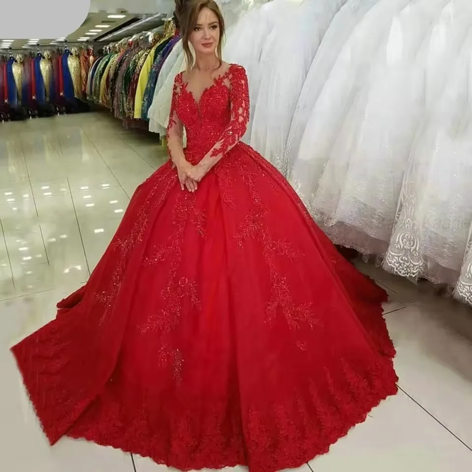 Красное кружевное платье Quinceanera с длинными рукавами по индивидуальному заказу, бальное платье, прозрачное свадебное платье для женщин, Vestidos De 15 Años с аппликацией