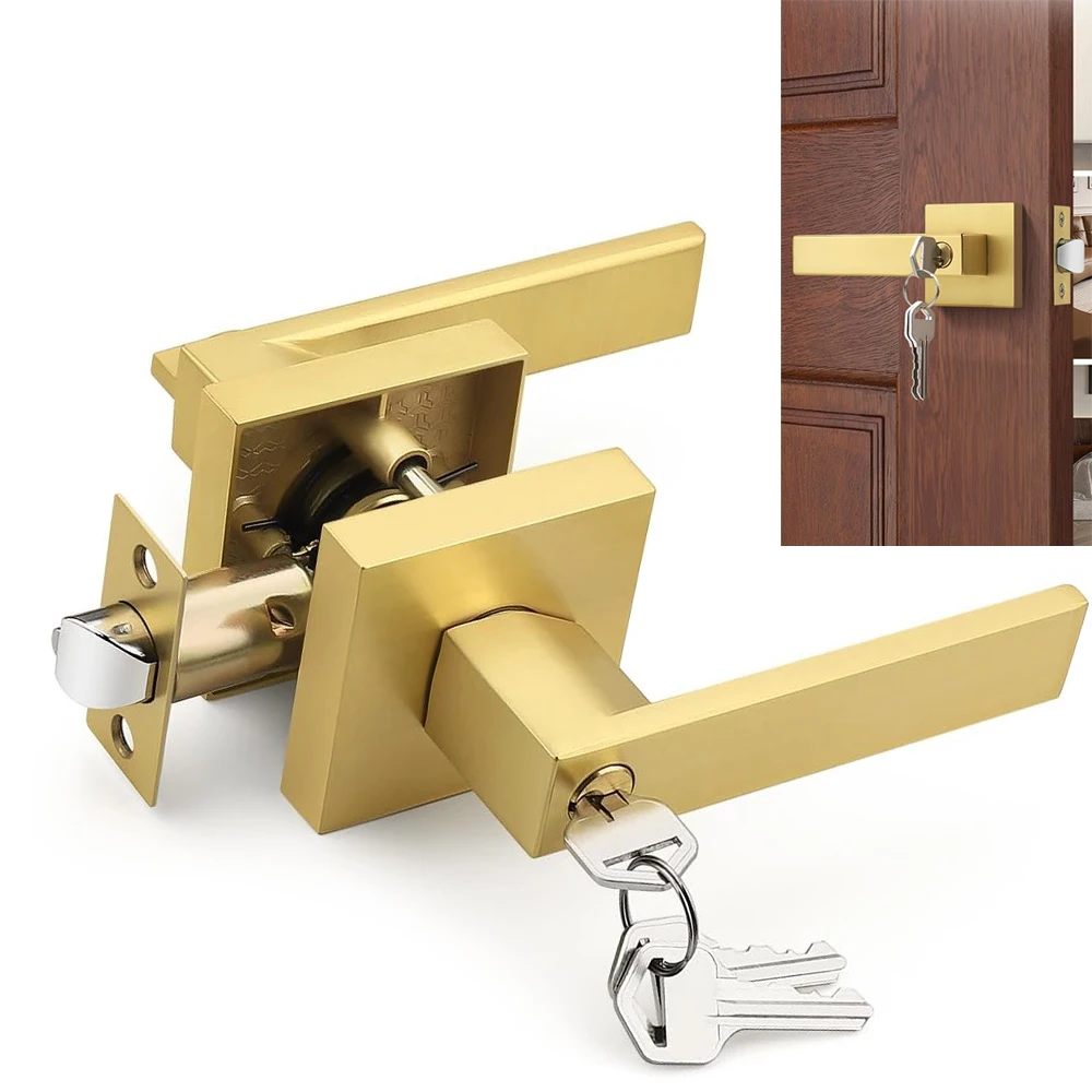 Square Gold Door Handles with Lock and Key,Gold Reversible Door Lever,Heavy-Duty Exterior/interior door key for Bedroom Bathroom