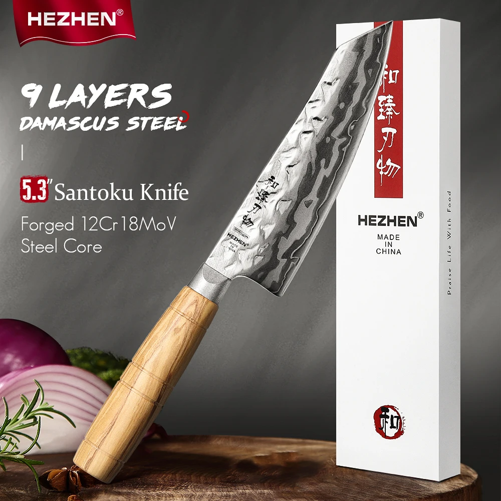 HEZHEN 5.3 Inch Little Santoku knife 9 Layer Damascus Steel High-end Kitchen Knife For Meat Vegetable Cook Cleaver Knife