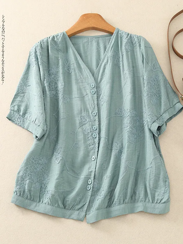

plus Size Women's Vintage Style Slimming Shirt Simple Design Beautiful V-Neck Top Breathable Casual Cotton Blend Summer Shirt