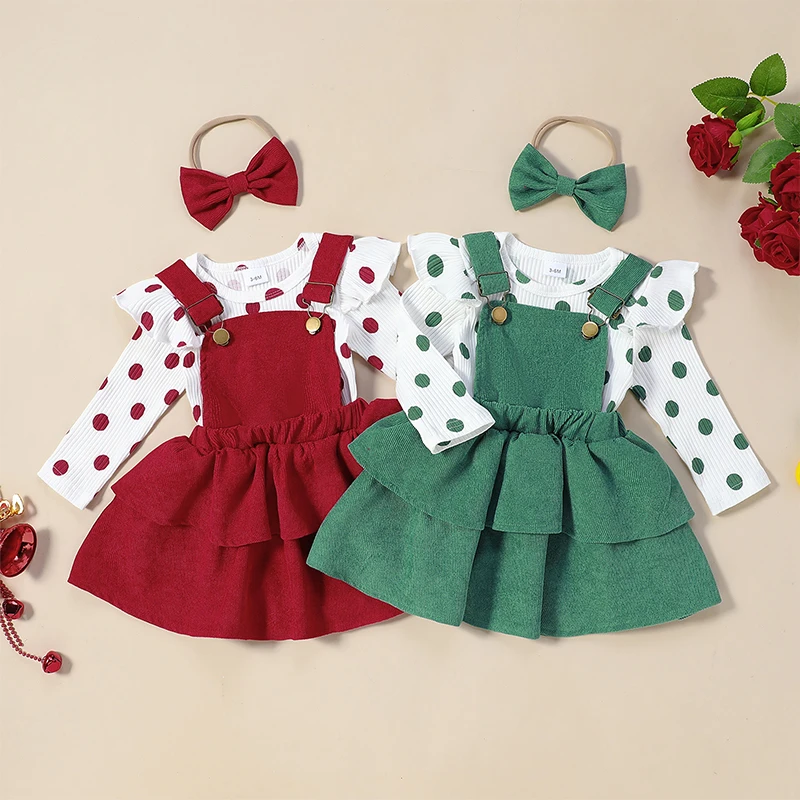 

Baby Girl Fall Outfits Dot Print Ribbed Knit Fly Sleeve Romper Ruffles Suspender Skirt with Bow Headband 3Pcs Clothes Sets