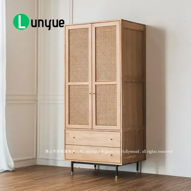 Nordic Japanese Solid Wood Wardrobe Modern Simple Double Door Cabinet Tonal Retro Rattan Storage Hanging Closet for Bedroom