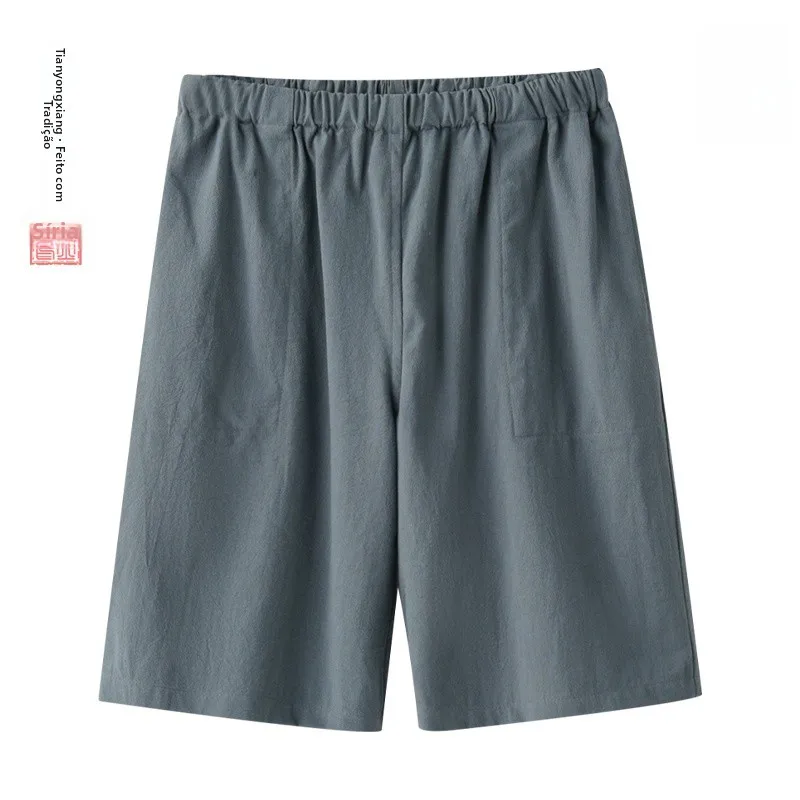 リネン薄手の5部ショートパンツメンズルーズフィット大きいサイズ中国風カジュアル漢服ショーツ夏のレジャー巾着ウエスト