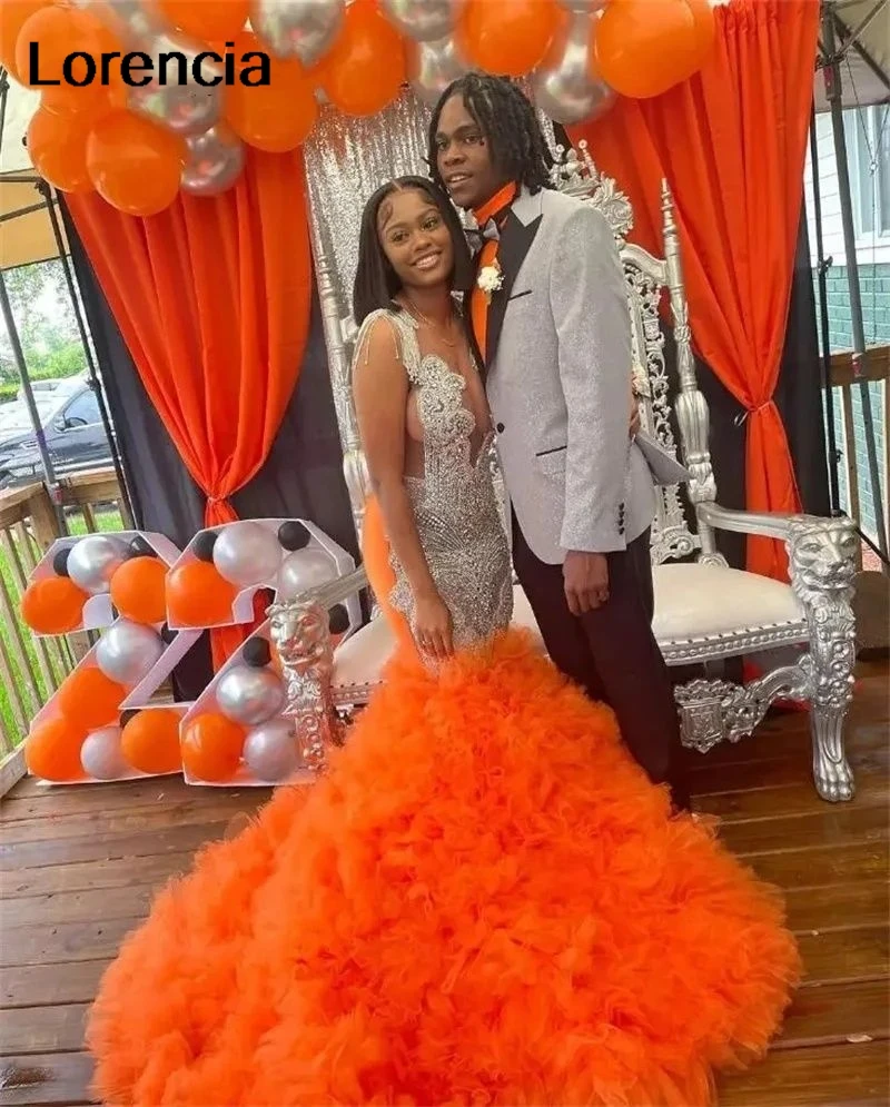 Customized Orange Prom Dress For Black Girls 2024 Silver Beaded Crystal Ruffles Formal Party Gown Vestidos De Festa YPD60