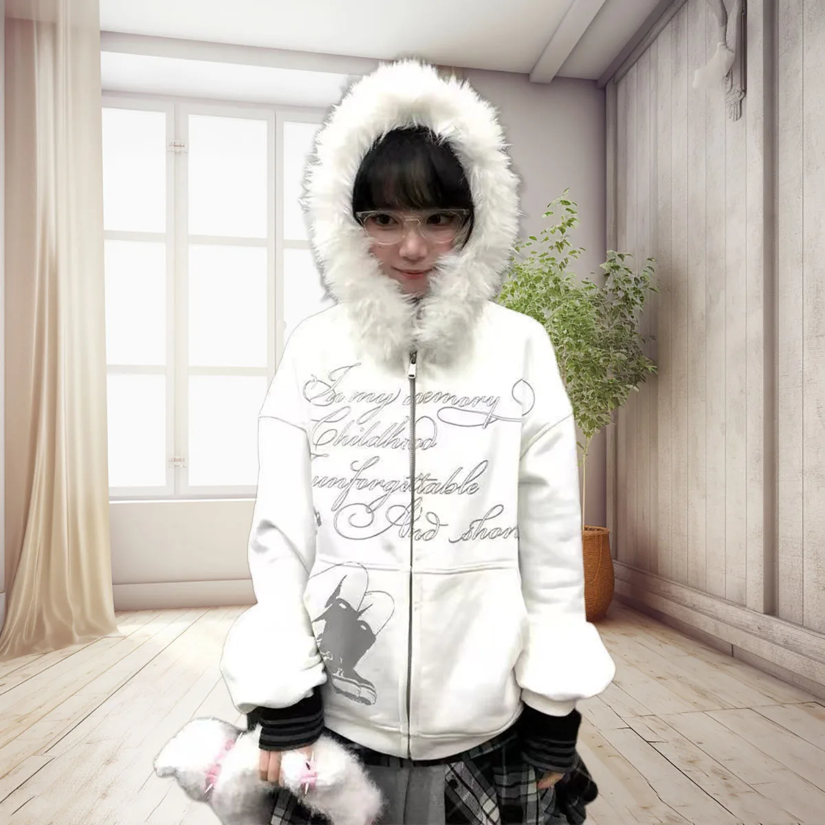 

Spring and Autumn new women's hooded zipper jacket, white fur collar, loose fit hoodie jacket, high-end texture