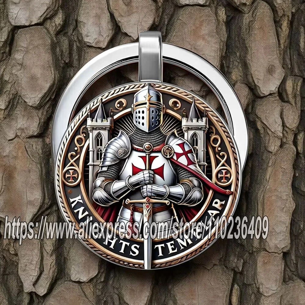 Printed Medieval Knight in Armor with Long Sword Keychains, Fusion of Chivalry Keychain & Religious Symbols Key Ring