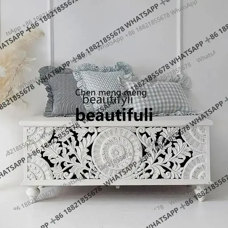 R French retro style storage shoe changing stool American solid wood hollow carved home door sofa stool shoe cabinet integrat