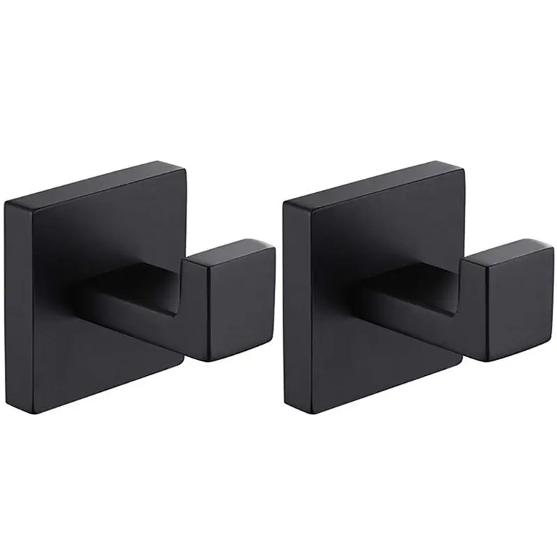 【Multifunctional】 2 Pack Matte Black Towel Hook Stainless Steel Bathroom Rust Proof Clothes Towel Coat Hook Wall Mounted Square