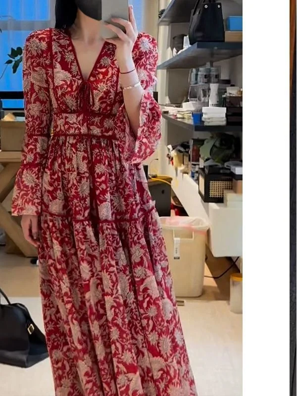 Faionable Red V-Ne Floral Dr 2025 صيف جديد Sle المرأة عالية الخصر ألف خط تنورة طويلة Sve سستة إغلاق تخفيف...