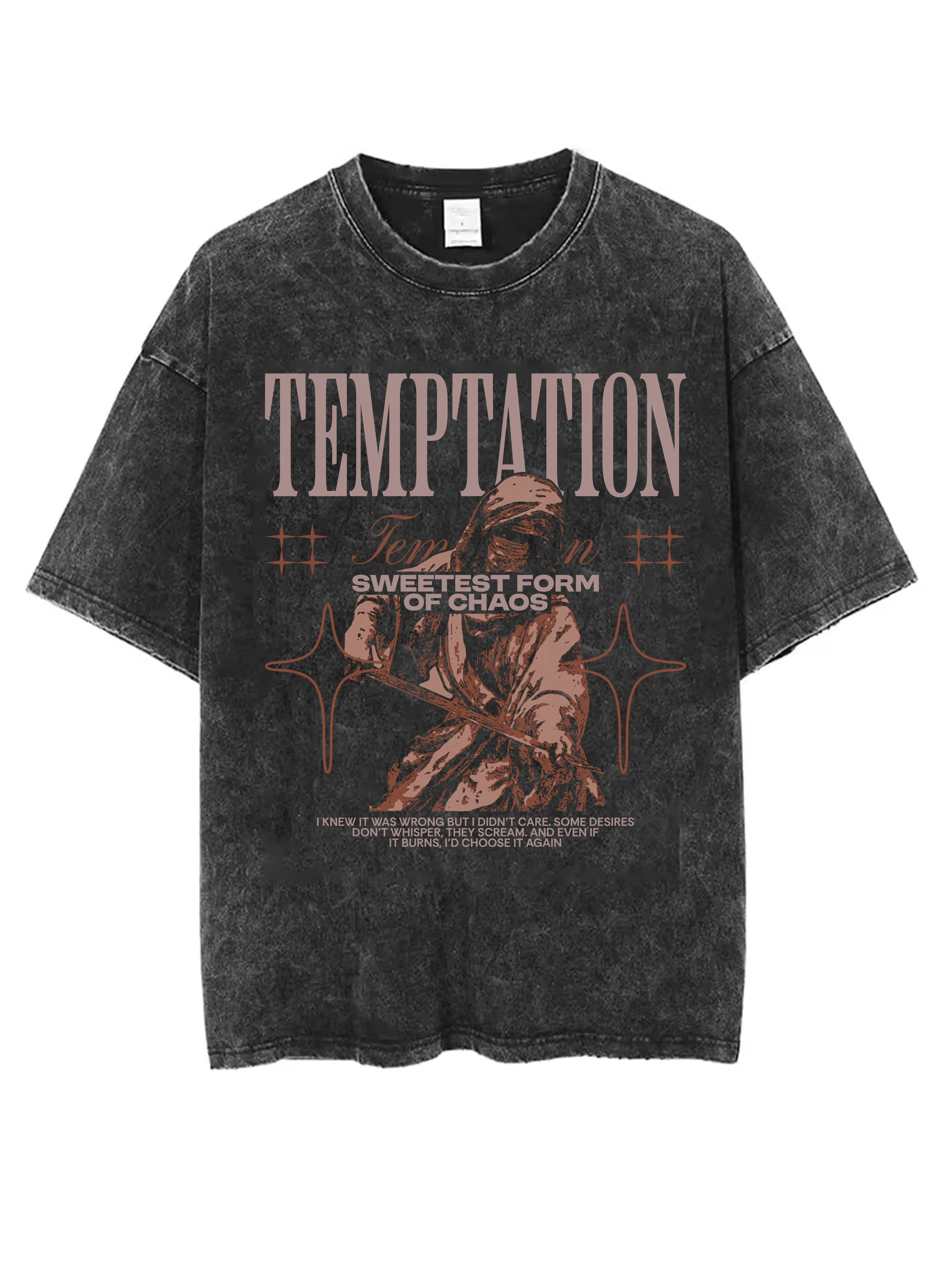 

TEMPTATION Unisex Black Washed Round Neck T-Shirt Comfortable Loose Fit for Men Women Ideal for Christmas Winter
