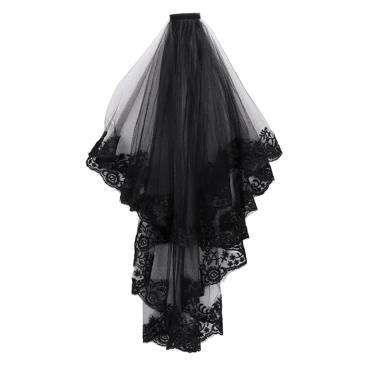 

New Fashioned Black Lace Veil Bridal Veil with Comb Women Mantilla Costume Cosplay Party Creative 2 Tier Tulle Sheer Mesh Gothic