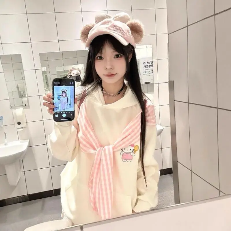 

Hotsanrio 2025Girls Autumn and Winter New Design Sense Patchwork Jacket Hello Kitty Korean Campus Style Loose Hooded Sweatshirt