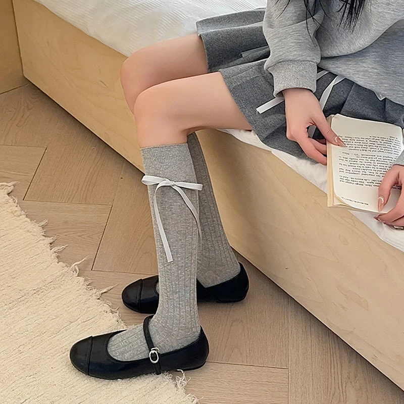 Long Women's Socks Solid Color Bow Sweet Knee High Socks Female Brew Thin Soft Cute Ladies Stockings Striped Comfy