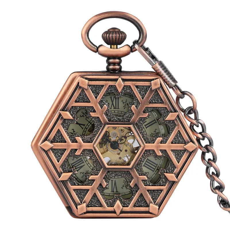 

Bronze Red Copper Hexagone Shape Unisex Handwinding Mechanical Pocket Watch Skeleton Clock with Pendant Chain Roman Number Dial