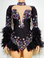 High Quality Color Hot Diamond Black Feather Decoration Elastic Jumpsuit 2024 New Fashion Custom Women'S Clothing