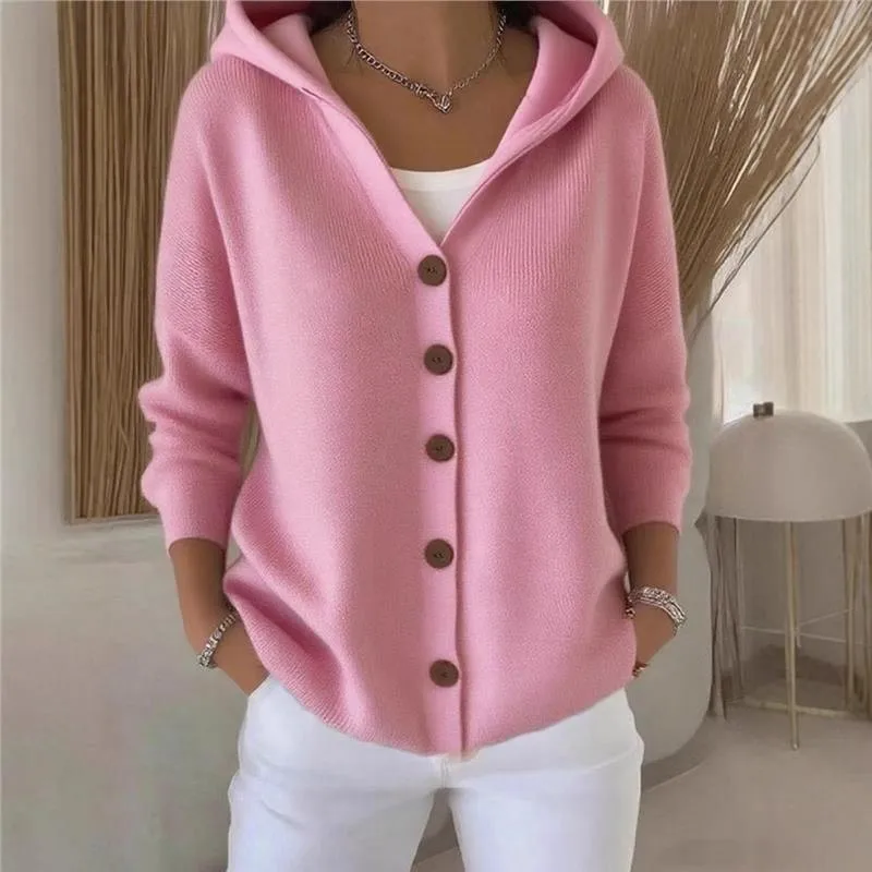 

2025 Autumn and Winter Knitted Hooded Sweater Button Solid Color Casual Fashion Women's Cardigan