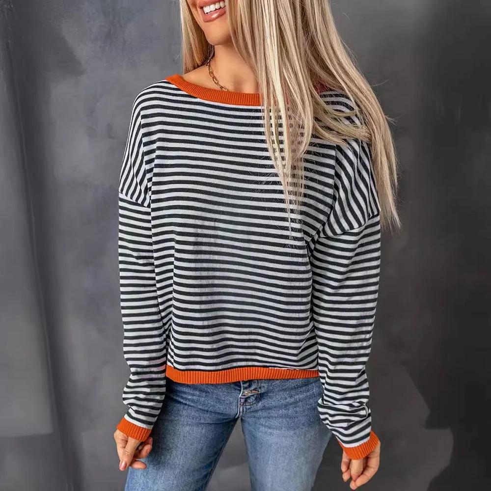 

Casual Stripe Contrast Sweater Pullovers 2024 Autumn Women O-neck Long Sleeve Loose Knit Top Fashion Knitwears Streetwear