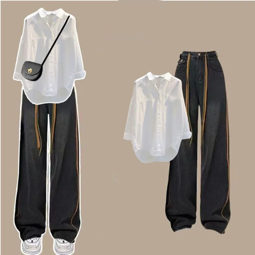 Korean Academy Style 2024 Spring/Summer New Set White Shirt Versatile Straight Leg Jeans Two Piece Set for Women