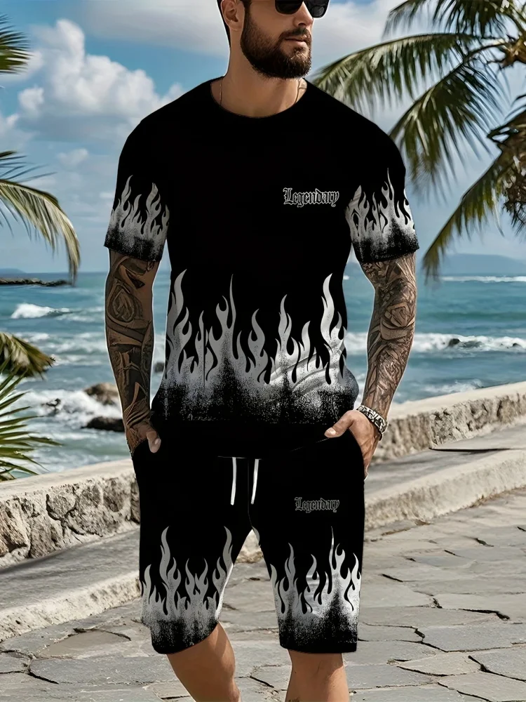 Men's Summer Short Sleeve Set 3D Creative Flame Print Short Sleeve Top Shorts Casual Two-piece Outdoor Fashion Wear