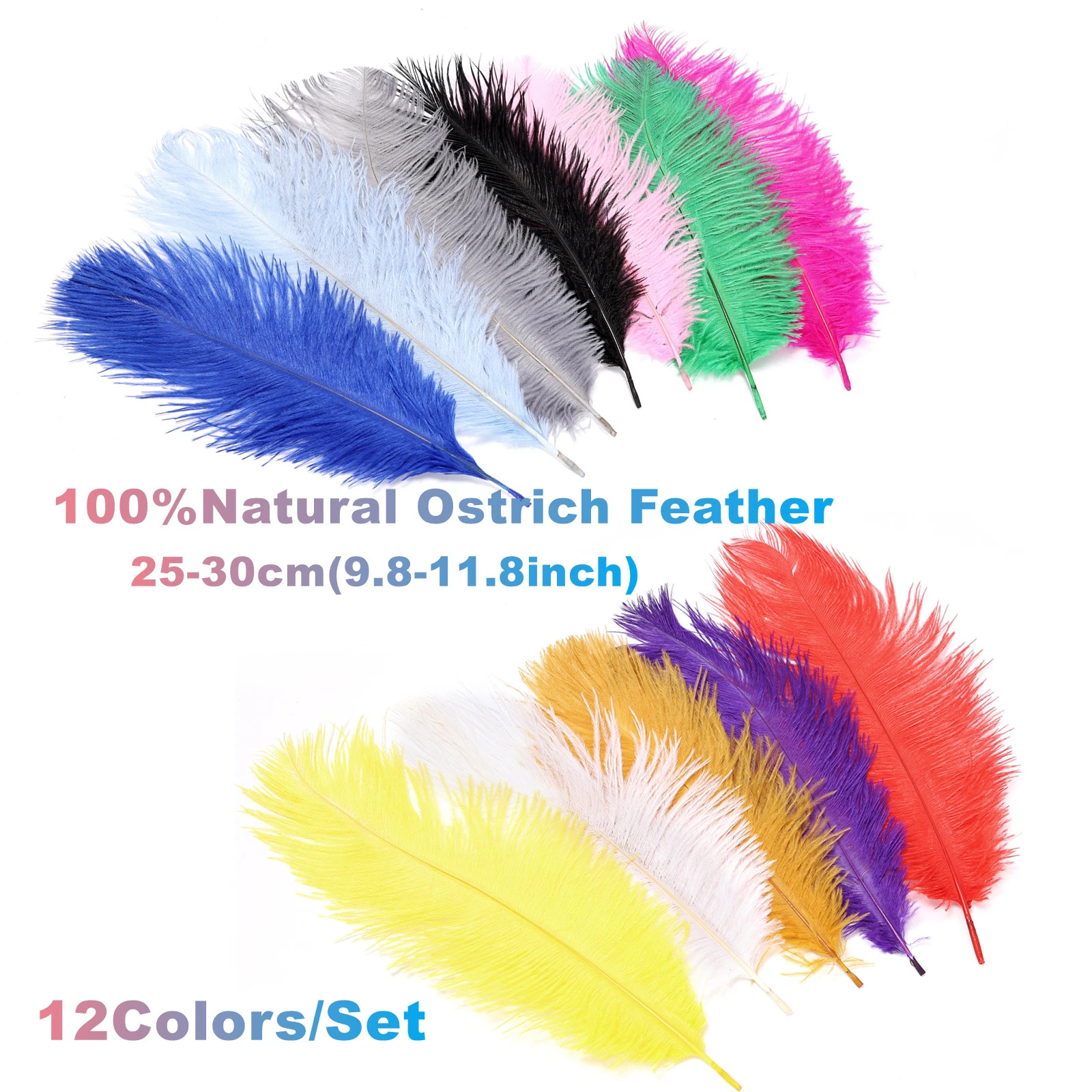

12Pcs/Lot Natural Ostrich Feather 25-30cm(9.8-11.8inch) for DIY Gatsby Decorations, Wedding, Holiday Party, Masquerade(12Colors）