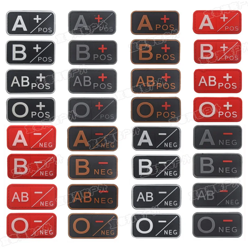 PVC HOOK&LOOP Blood Type Patches Abo Pos Neg Patches Badges Applique Patches for Clothing Cap Bag Military Patch Sewing Clothes